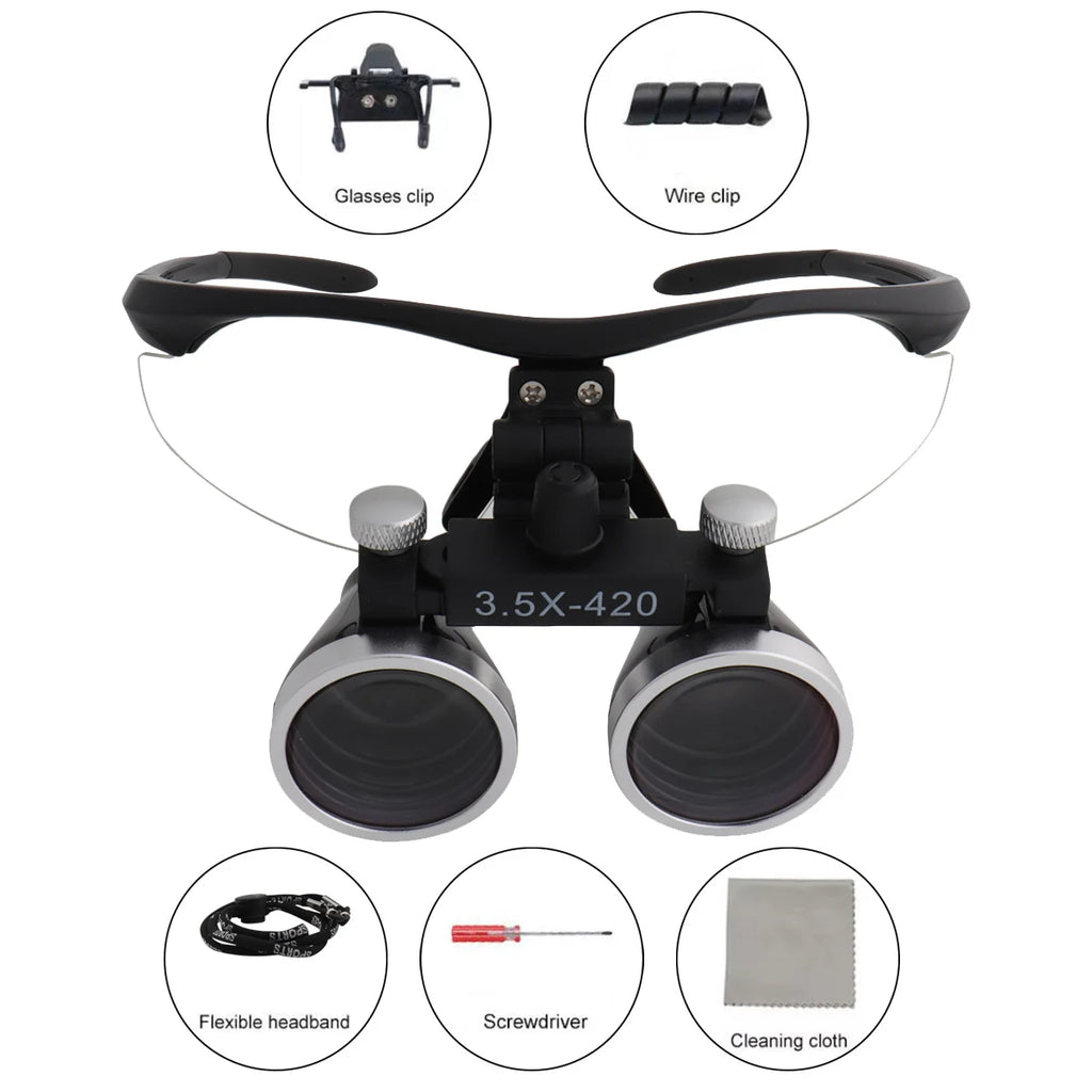 Dental Loupes Dental Magnifier Dental Lab Medical Loupes Magnification Binocular 2.5/3.5x420 Headlight Headlamp 5W Set Metal Box